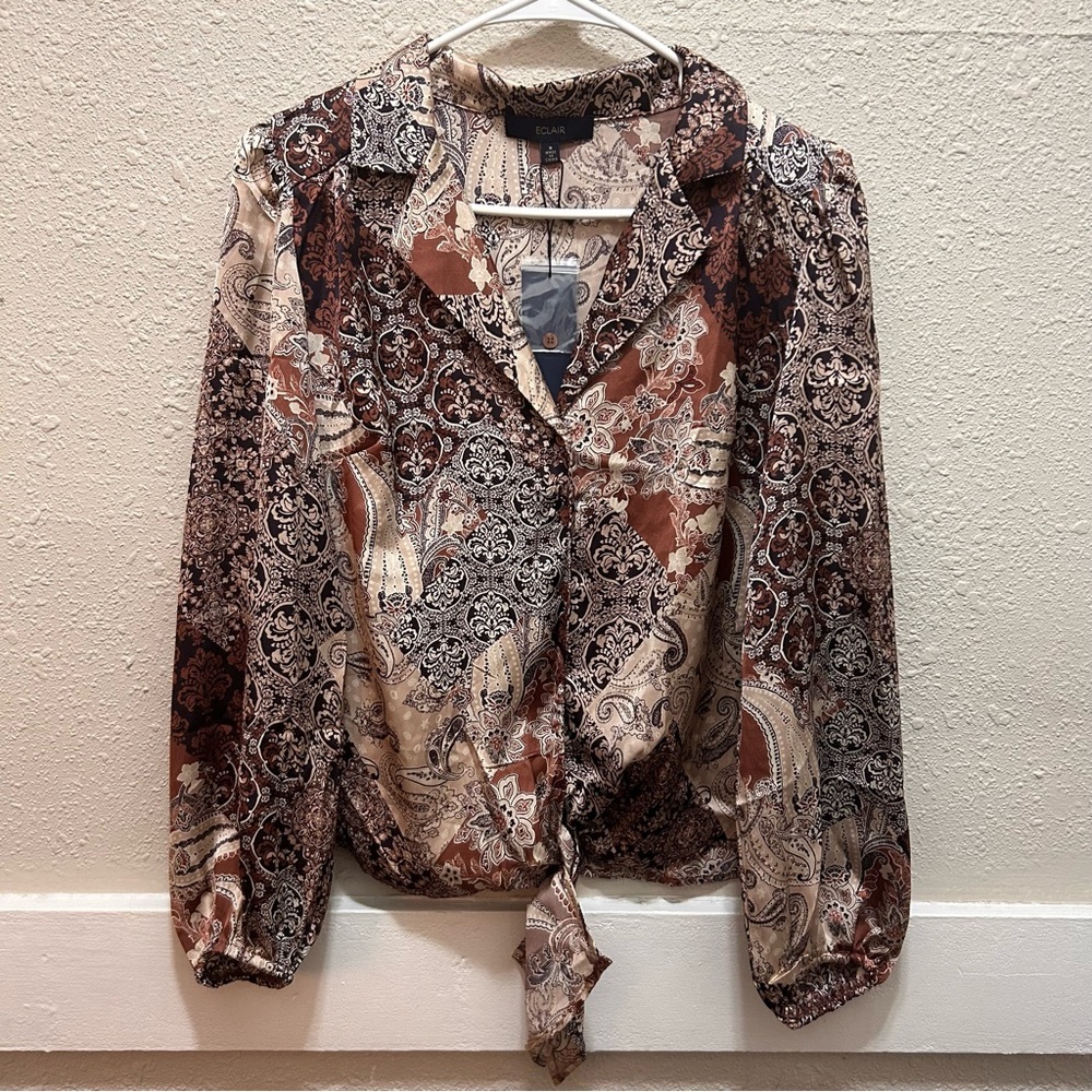ECLAIR Multi-Pattern Brown Tie Front Button Down Blouse